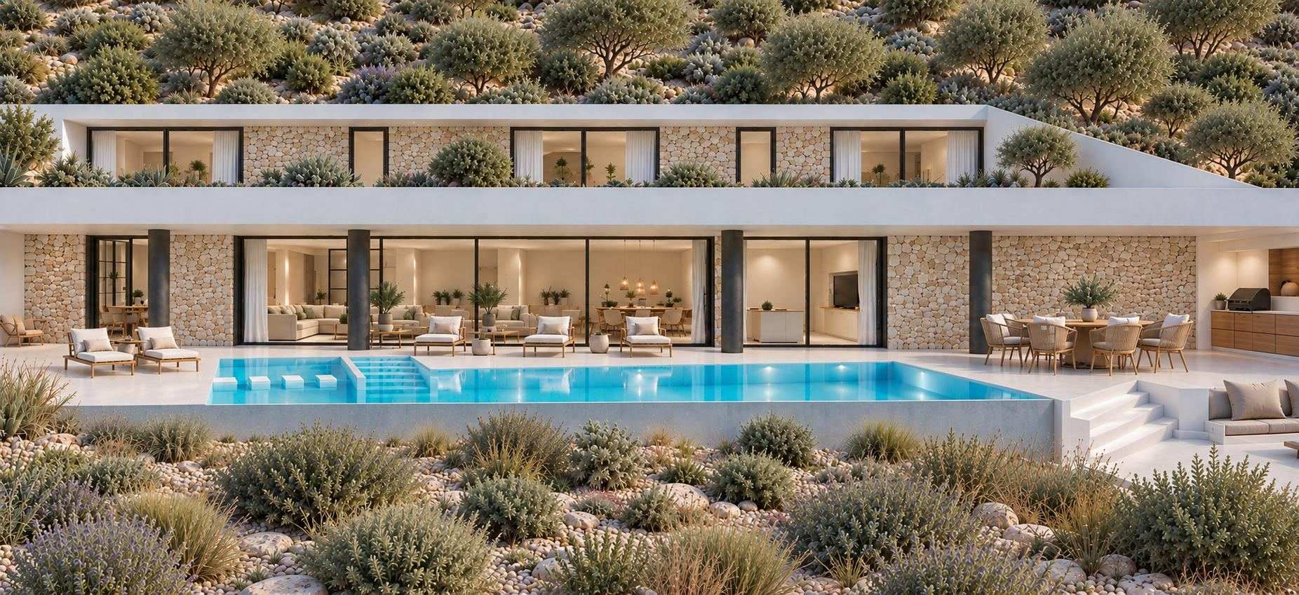 The upper villa at dusk with the pool lit and the terrace open to the garden
